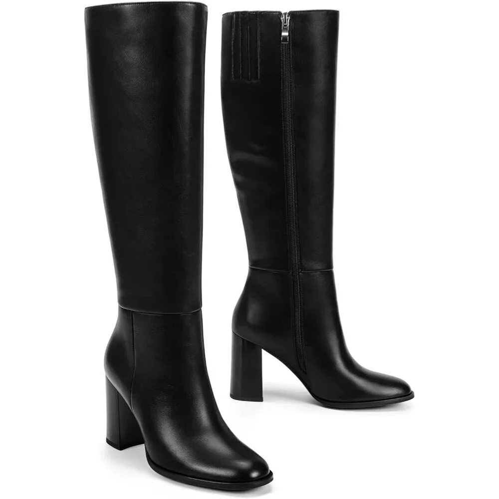 Women's Black Knee High Boots Round Toe Side Zip Chunky Heel Boots Rubber